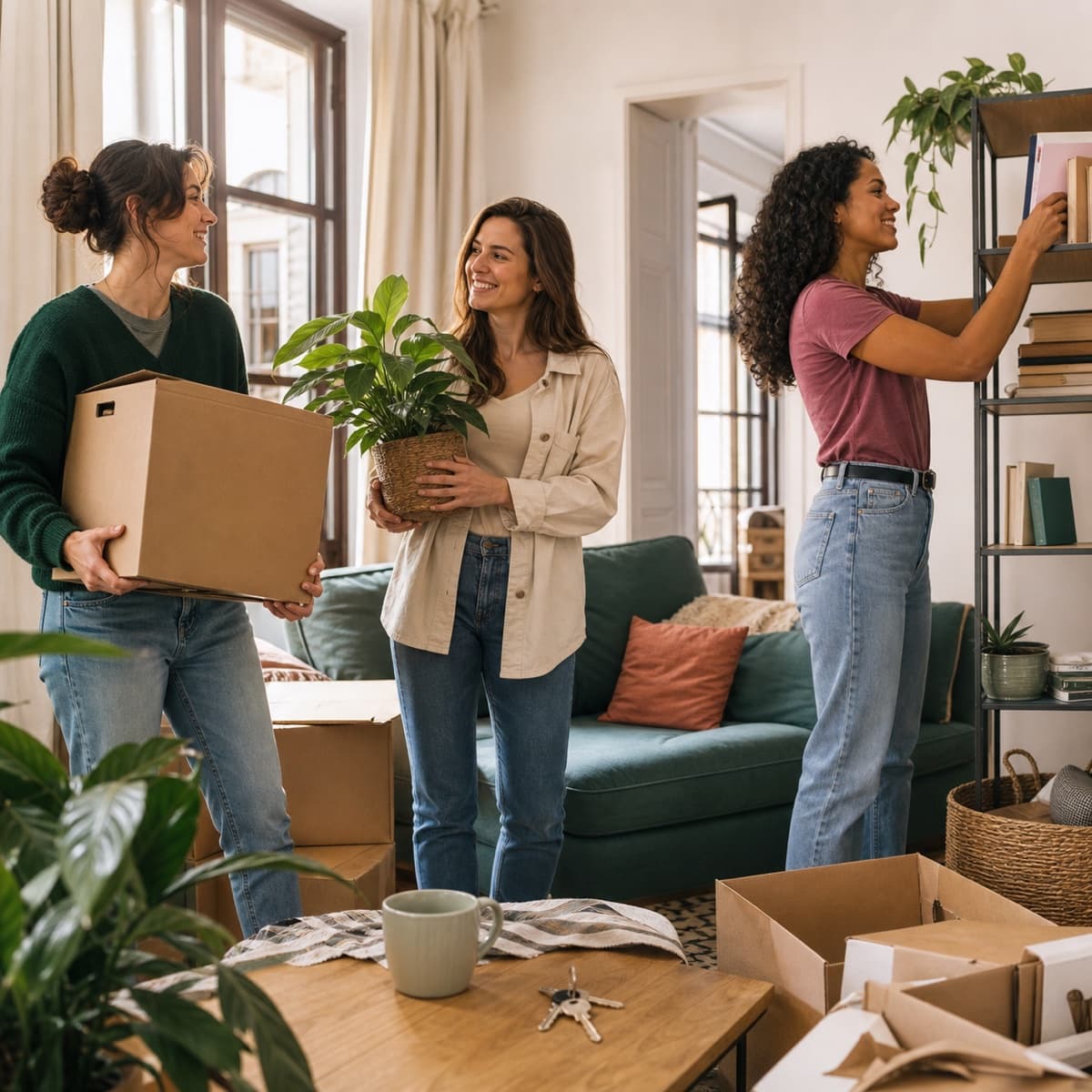 Tres mujeres organizando juntas la mudanza de su nuevo hogar compartido